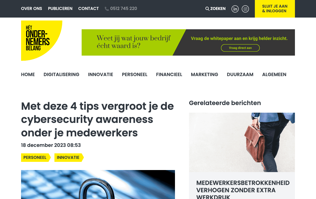 Artikel over cybersecurity awareness op Het Ondernemersbelang