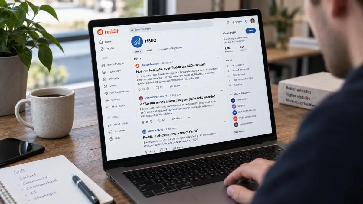 Laptop met Reddit-discussie en een AI-antwoord in Google dat Reddit als bron noemt