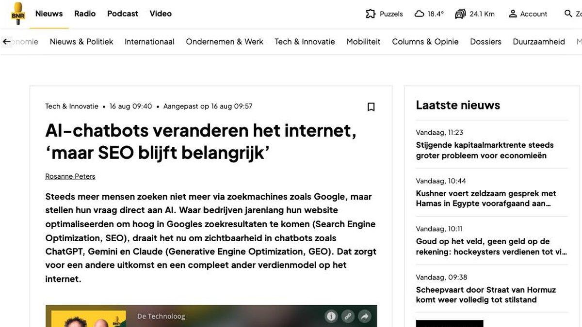 Het artikel op bnr.nl met de kop: AI-chatbots veranderen het internet, maar SEO blijft belangrijk