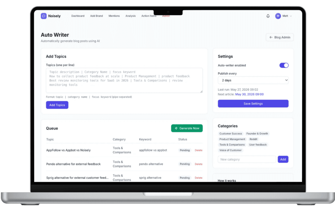 AutoWriter, de AI-contentengine van Noisely die artikelen onderzoekt, schrijft en automatisch publiceert
