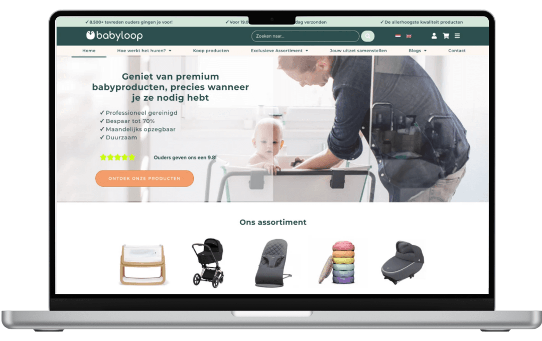 Webshop van Babyloop met abonnementsmodel voor de verhuur van babyproducten, gebouwd door Timmermans Media