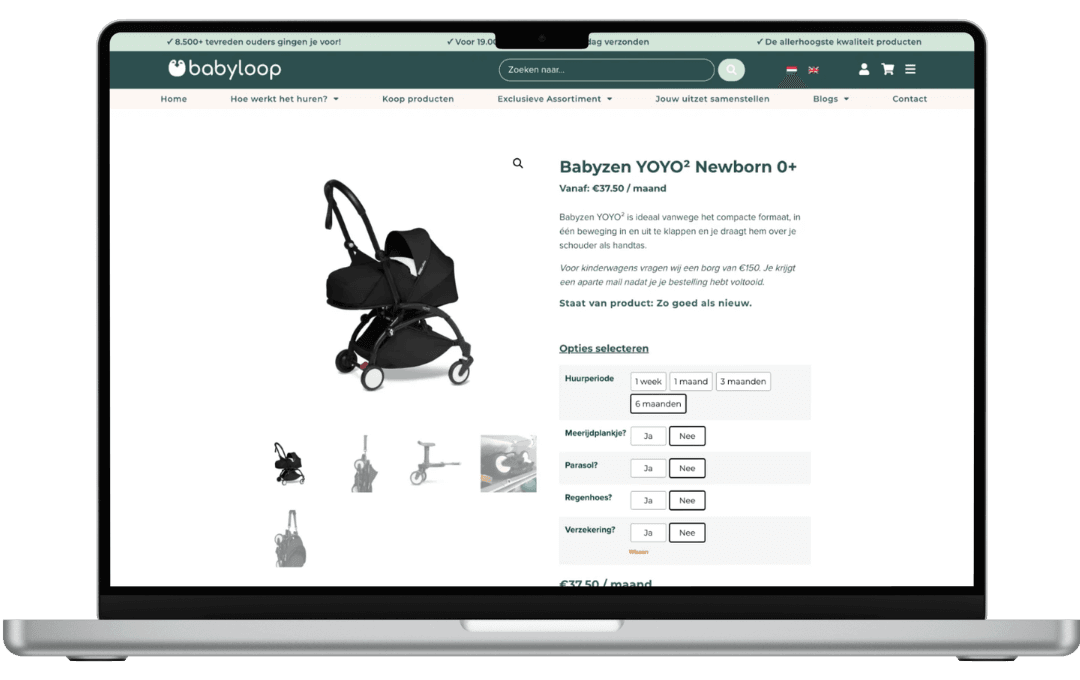 Productpagina van de Babyloop-webshop met keuze voor huurperiode, prijs per maand en extra opties