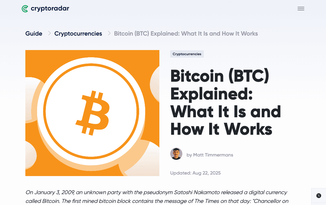 Cryptoradar-guide over Bitcoin, Engelstalige SEO-content geschreven door Matt Timmermans van Timmermans Media
