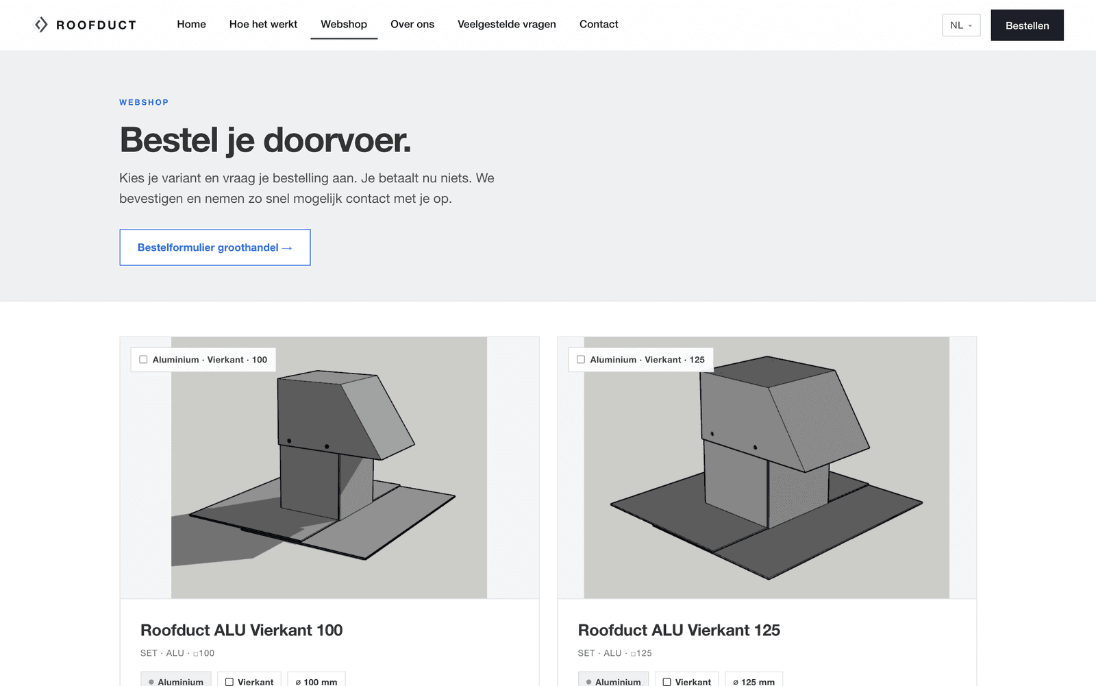 Webshop van Roofduct met acht varianten van de renovatiedoorvoer voor platte daken en een groothandelsformulier
