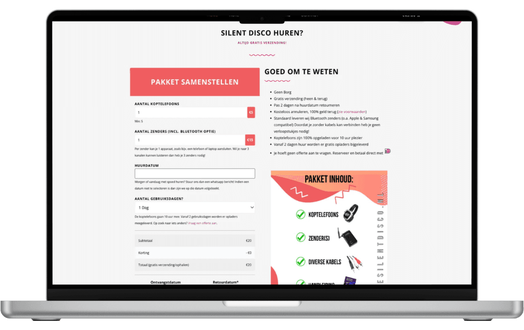Webapplicatie van De Silent Disco met configurator voor koptelefoons en zenders en automatische prijsberekening, gebouwd door Timmermans Media