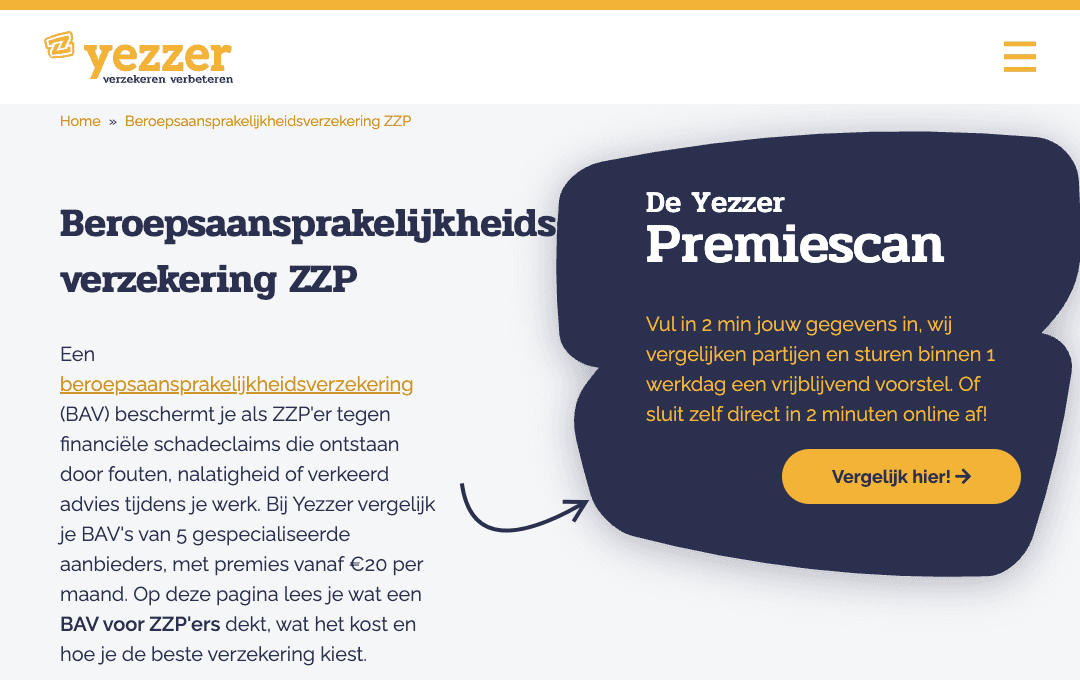 Geoptimaliseerde pagina over de beroepsaansprakelijkheidsverzekering voor zzp op yezzer.nl