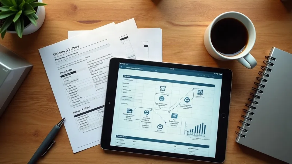 Werkbank van een klein bedrijf met werkbonnen en een tablet met een AI agent-workflow die mail, agenda en CRM koppelt