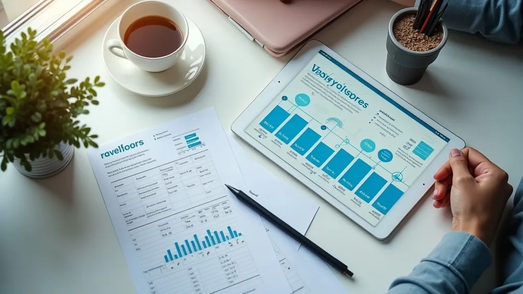 Bovenaanzicht van een accountantsbureau met facturen en een tablet waarop AI-automatisering voor de boekhouding wordt weergegeven