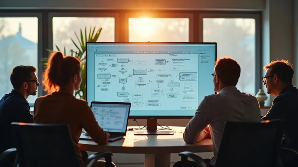 MKB-team bekijkt een geautomatiseerde AI-workflow op een scherm in een lichte kantoorruimte