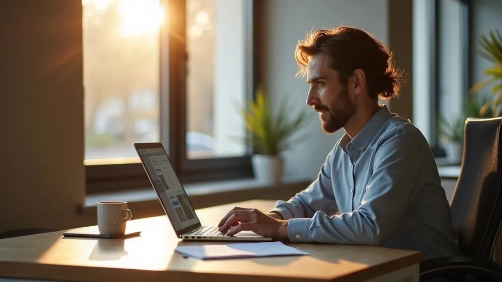 MKB-ondernemer bekijkt AI-chatbot interface op laptop op kantoor