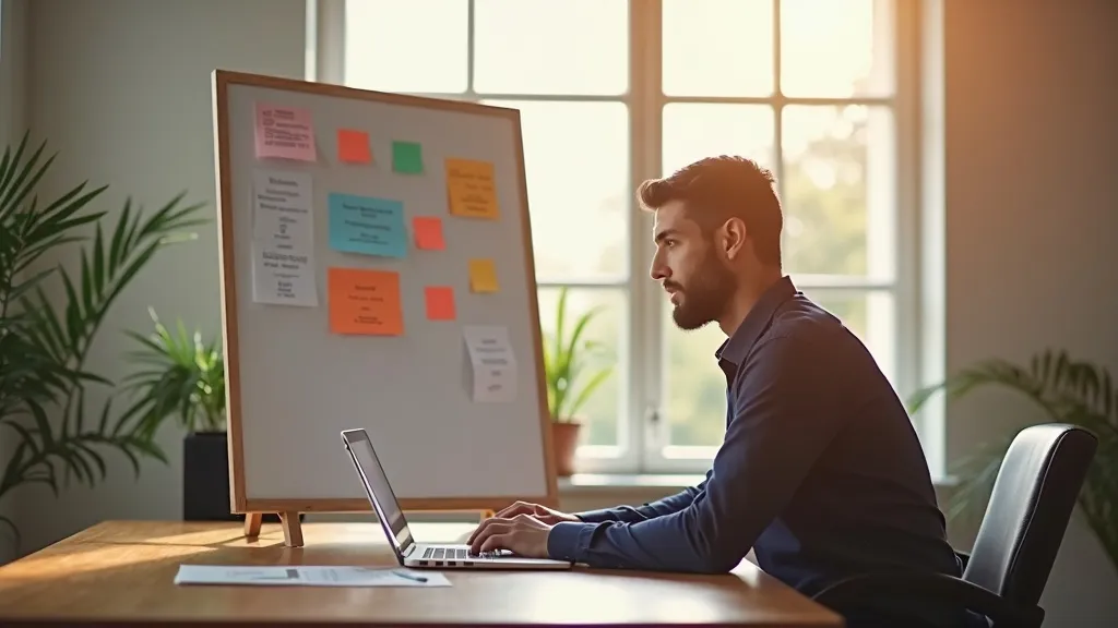 MKB-ondernemer aan bureau die een AI-strategie en roadmap uitwerkt op een whiteboard
