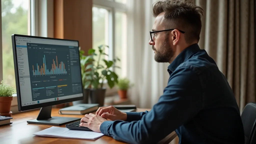MKB-ondernemer analyseert AI-tools op laptop aan een houten bureau