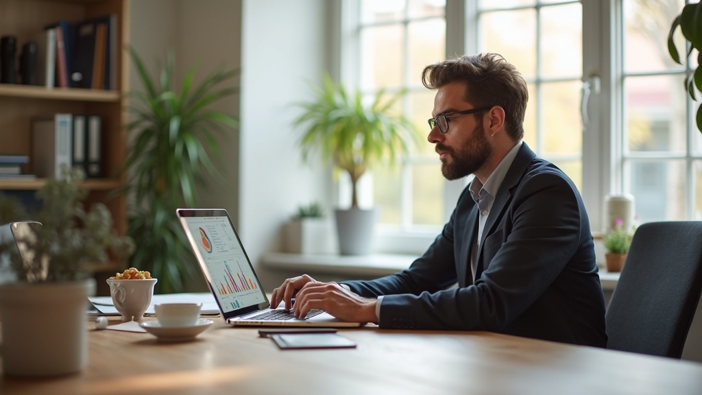 MKB-ondernemer aan bureau met laptop die AI-tools analyseert voor zijn bedrijf