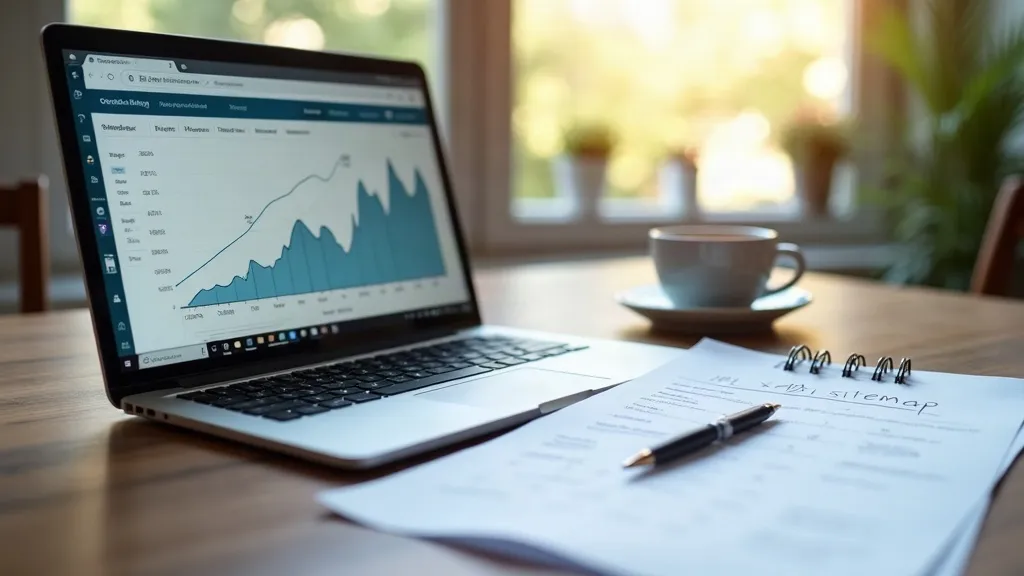 Laptop met een webmasterdashboard en een uitgeprinte sitemap, als illustratie van Bing Webmaster Tools instellen voor AI-zichtbaarheid