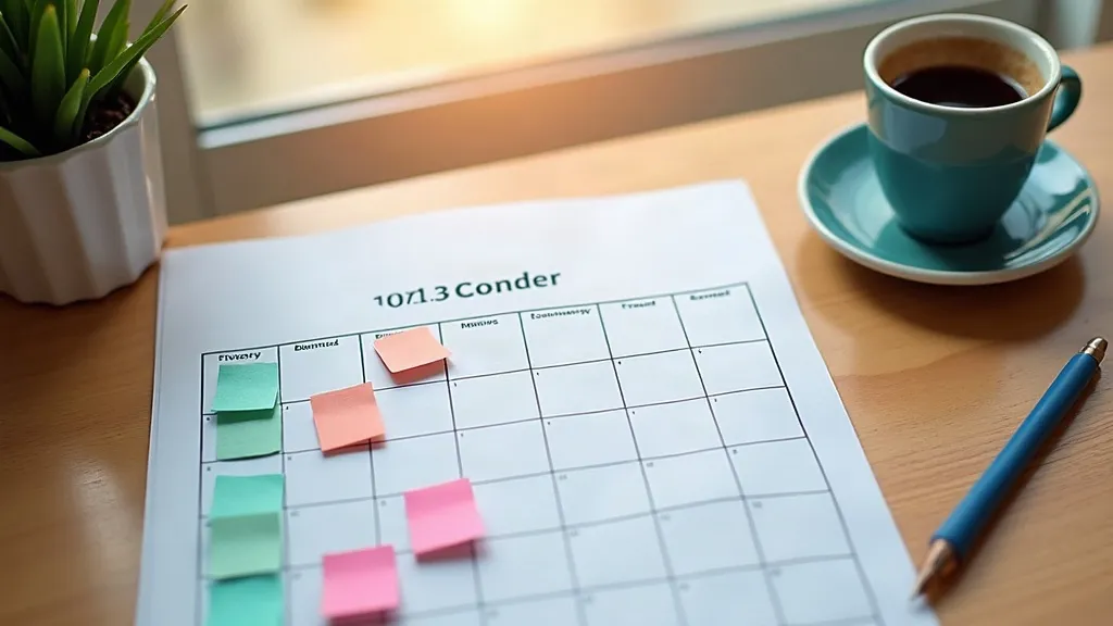 Contentkalender met gekleurde memo's op een bureau, van bovenaf gefotografeerd