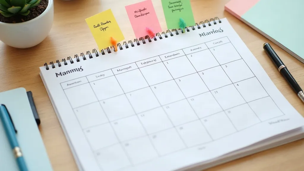 Bureau met een contentkalender en gekleurde kaartjes met onderwerpen voor het plannen van blogartikelen