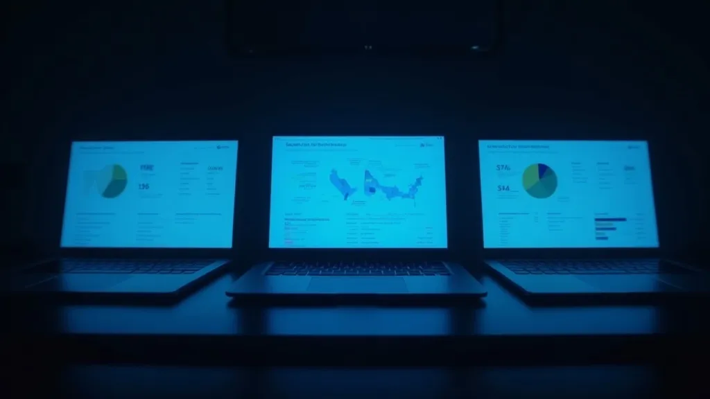 Drie schermen met GEO-monitoringtools naast elkaar vergeleken in een donkere werkruimte