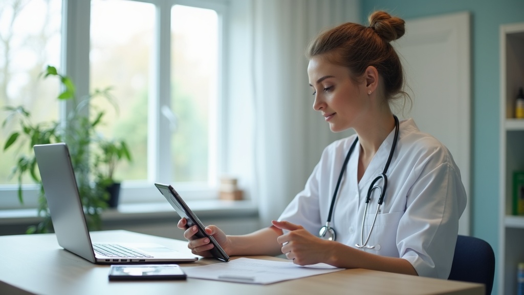 Zorgverlener bekijkt digitale patiëntinformatie op een tablet in een moderne kliniek