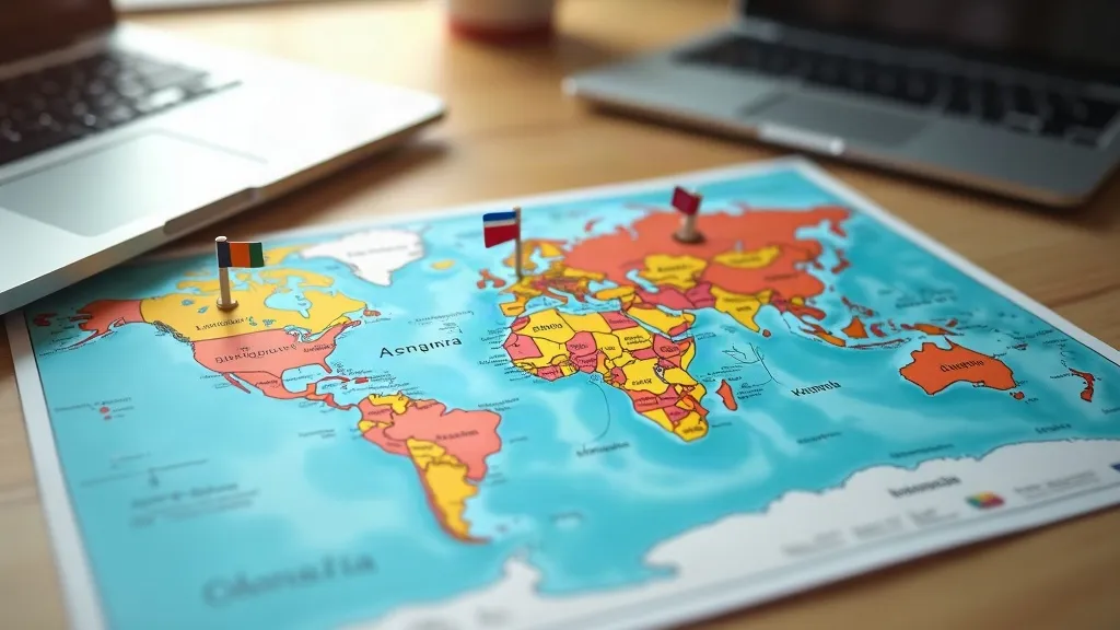 Wereldkaart met vlaggen en een laptop als symbool voor internationale SEO en meertalige vindbaarheid