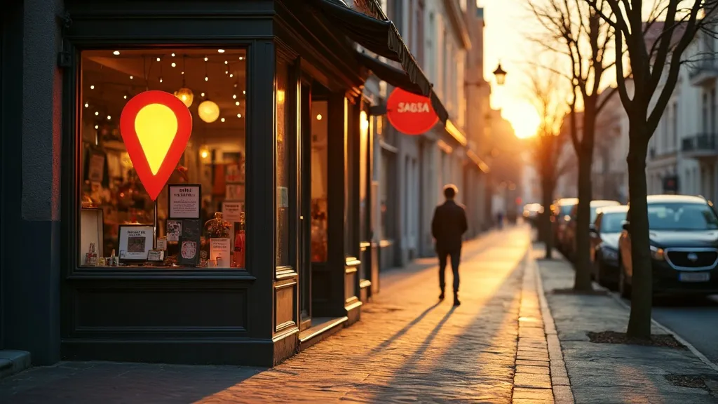 Winkelstraat met een lokale zoekmarkering die lokale SEO symboliseert