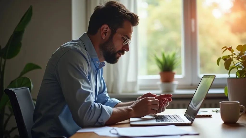 MKB-ondernemer die een AI-gegenereerde offerte beoordeelt op een laptop aan een houten bureau
