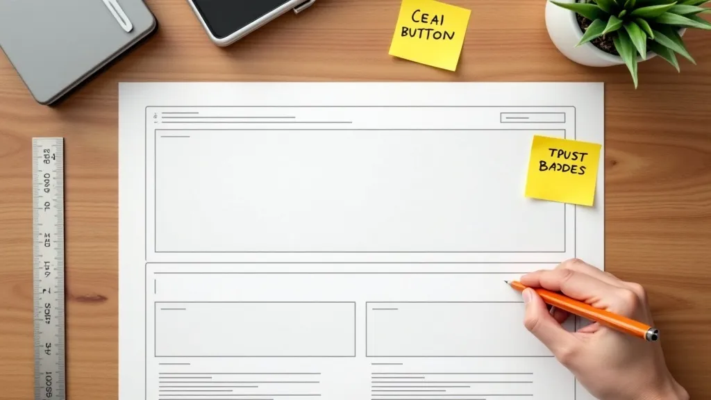 Wireframe van een SEO-landingspagina met CTA-positie en conversiepunten ingetekend