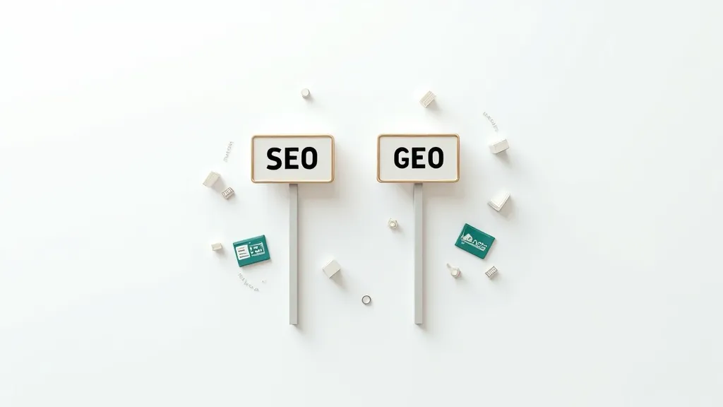 Twee wegwijzers met SEO en GEO die het verschil tussen traditionele zoekmachineoptimalisatie en AI-zichtbaarheid symboliseren