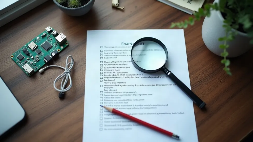 Afgedrukte technische SEO checklist met afgevinkte punten, een vergrootglas en een netwerkkabel op een houten bureau
