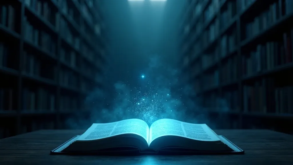 Glanzend verlicht open boek in een donkere bibliotheek, als metafoor voor hoe AI-zoekmachines informatie ophalen en citeren bij generative engine optimization
