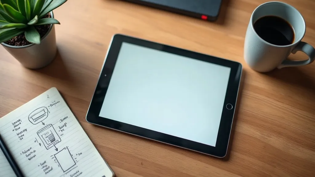 Bureau met tablet en gegenereerde productafbeeldingen als voorbeeld van zakelijk gebruik van Midjourney
