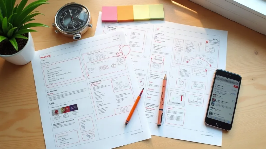 Website-wireframes met correcties, smartphone en stopwatch als symbool voor praktische verbeterpunten bij website optimaliseren