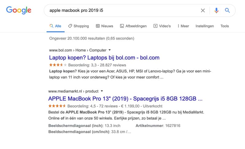 Google zoekresultaten en relevante zoekwoorden