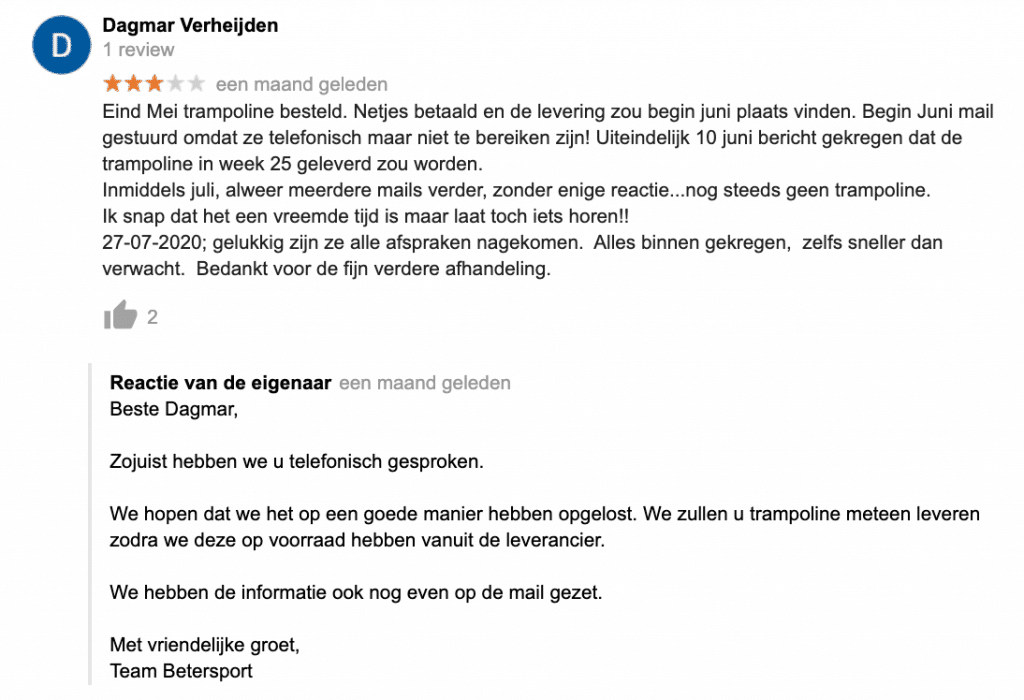 Voorbeeld van Betersport die professioneel reageert op een negatieve review