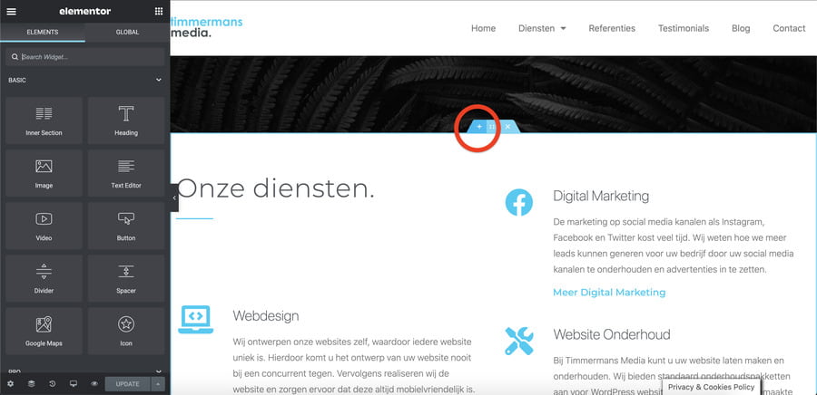 Sectie toevoegen in elementor